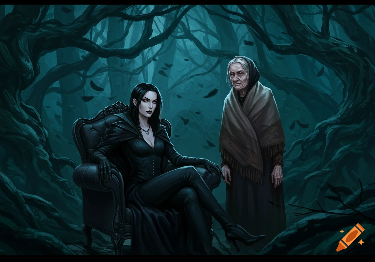 A dark-haired woman in black sits in an ornate chair, looking toward an elderly woman standing in a dark, eerie forest.