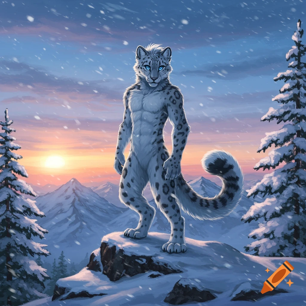 A snow leopard furry stands on a snowy mountain peak at sunset, with light snow falling.