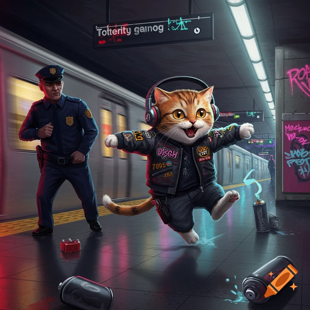 A mischievous cartoon cat in headphones runs from a police officer in a subway station, surrounded by graffiti.