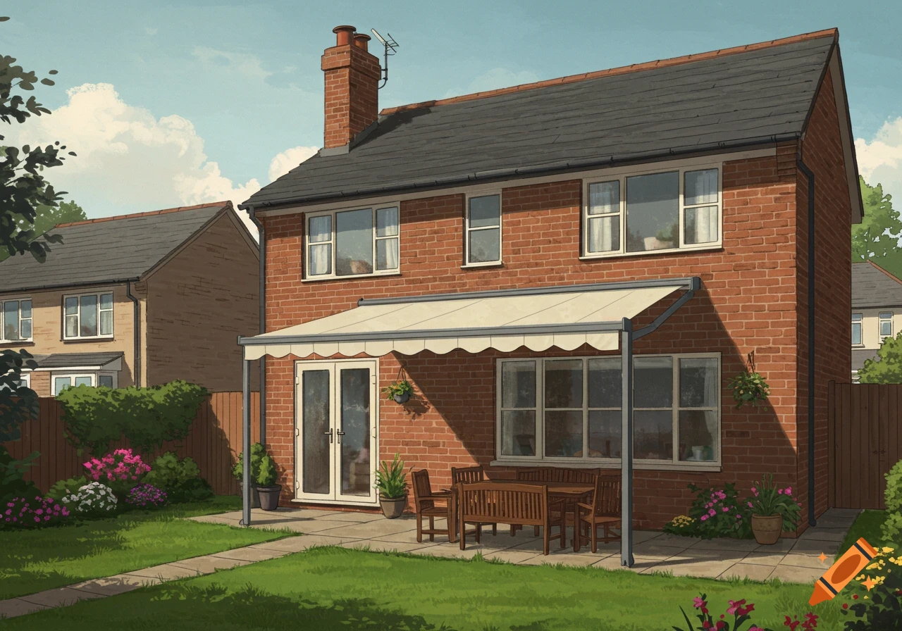 An illustrated brick house with a cream awning over a patio with furniture, viewed from the backyard garden.