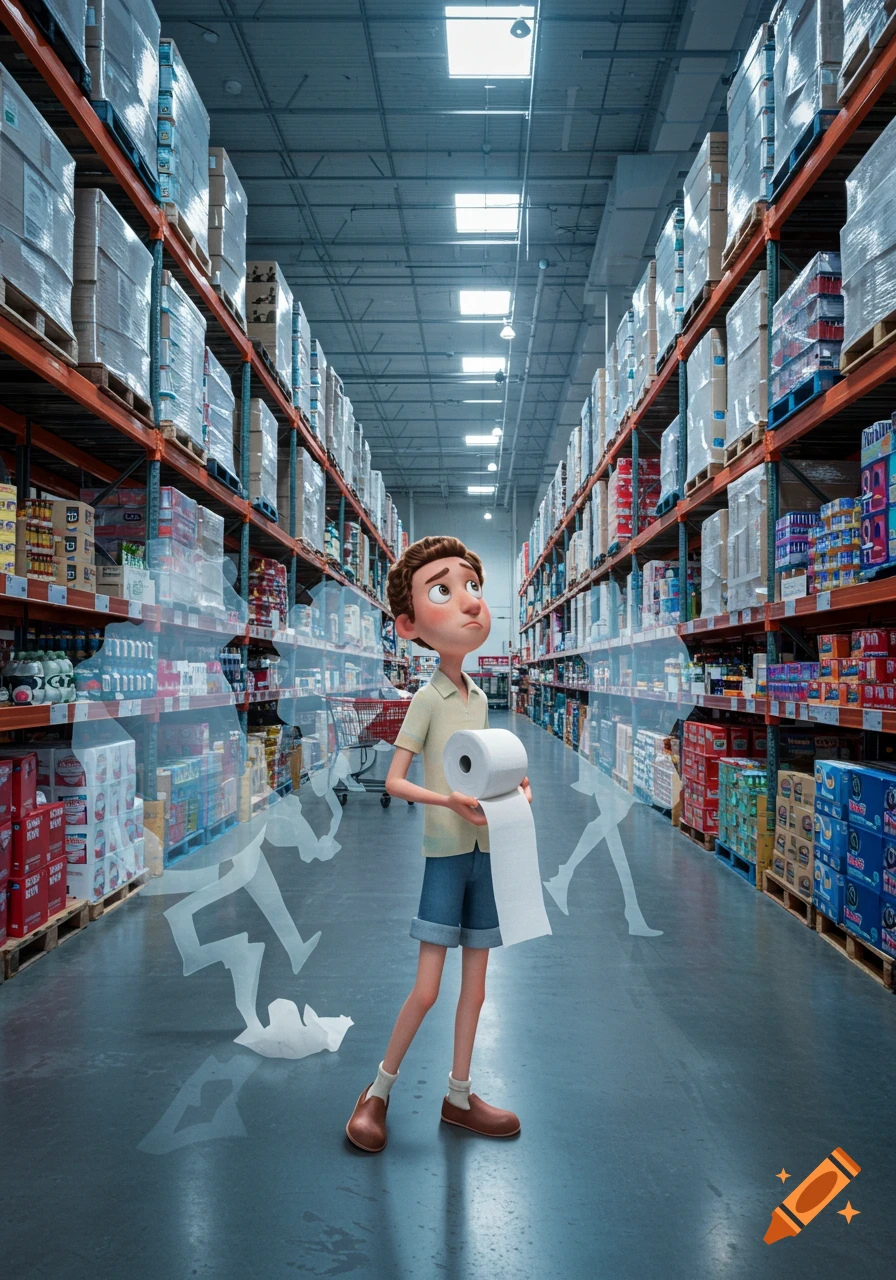 A worried cartoon boy holds toilet paper in a large warehouse aisle with faint, ghost-like figures.