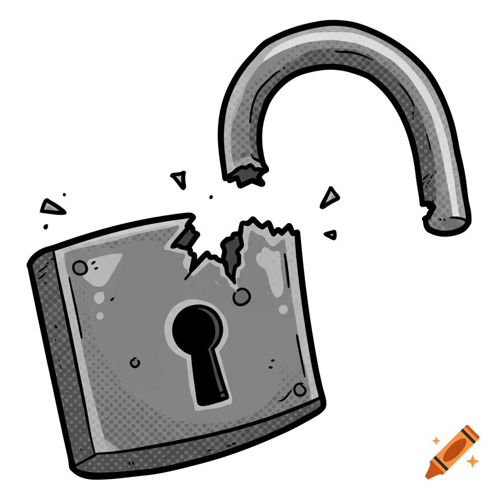A broken metal padlock illustrated in a halftone-heavy, 1970s comic book style, with a snapped shackle and jagged edges.