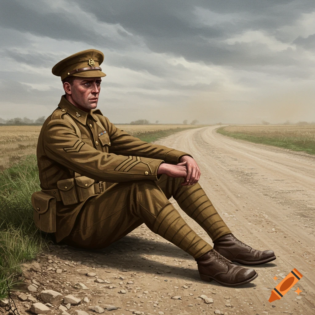 A photorealistic painting of a British soldier in uniform sitting on a dirt road by a field under a cloudy sky.