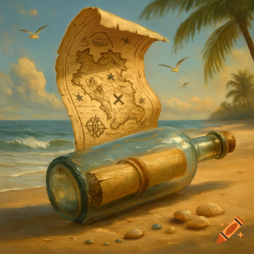 A vintage treasure map unfurled behind a message in a bottle lying on a sandy tropical beach with seagulls and palm trees.