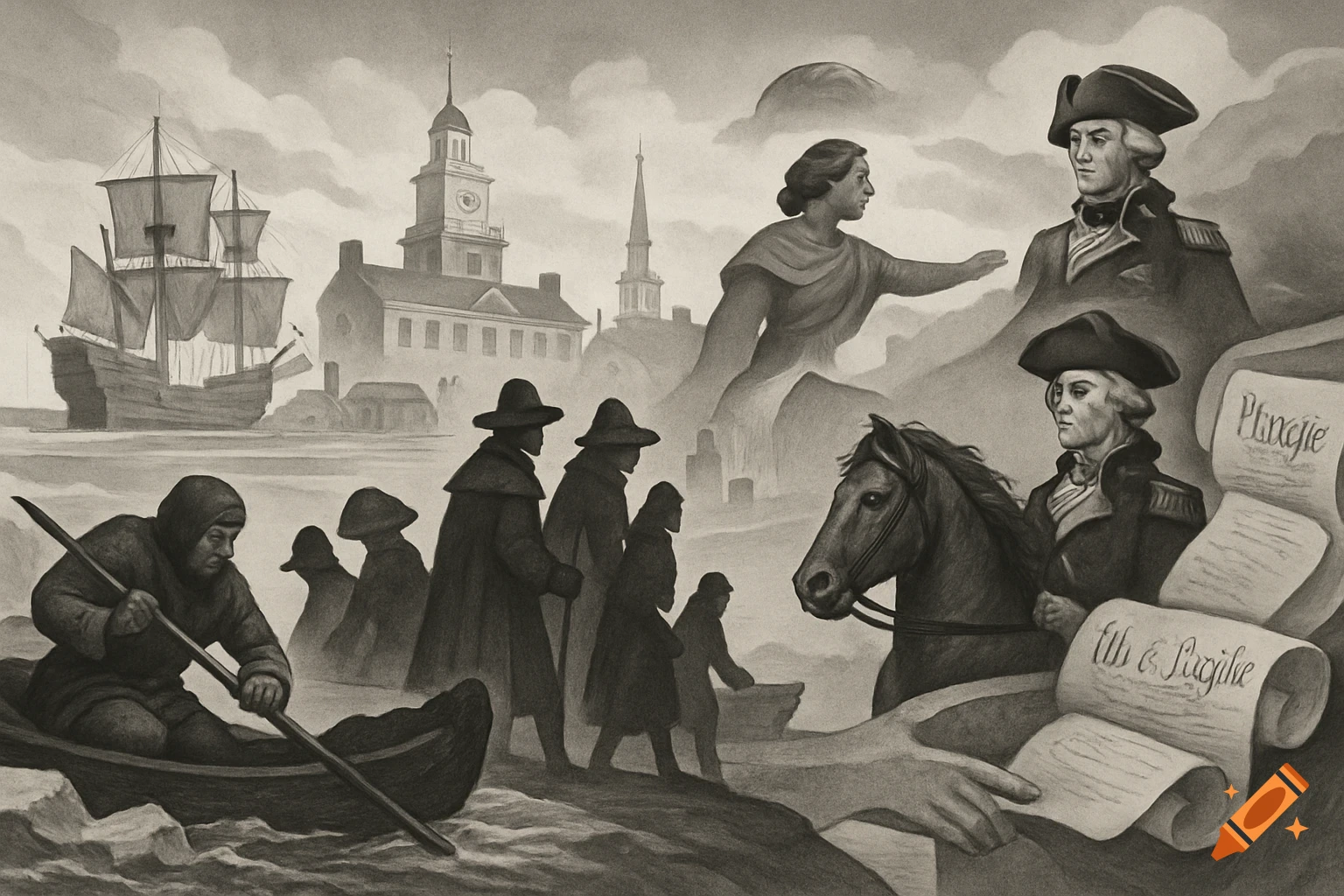 A grayscale historical illustration featuring iconic American figures like George Washington and colonial settlers, and landmarks.