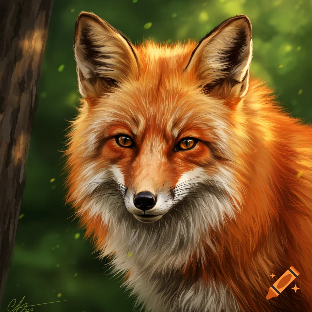 A close-up digital painting of a red fox with bright orange eyes, looking forward from a lush green forest.