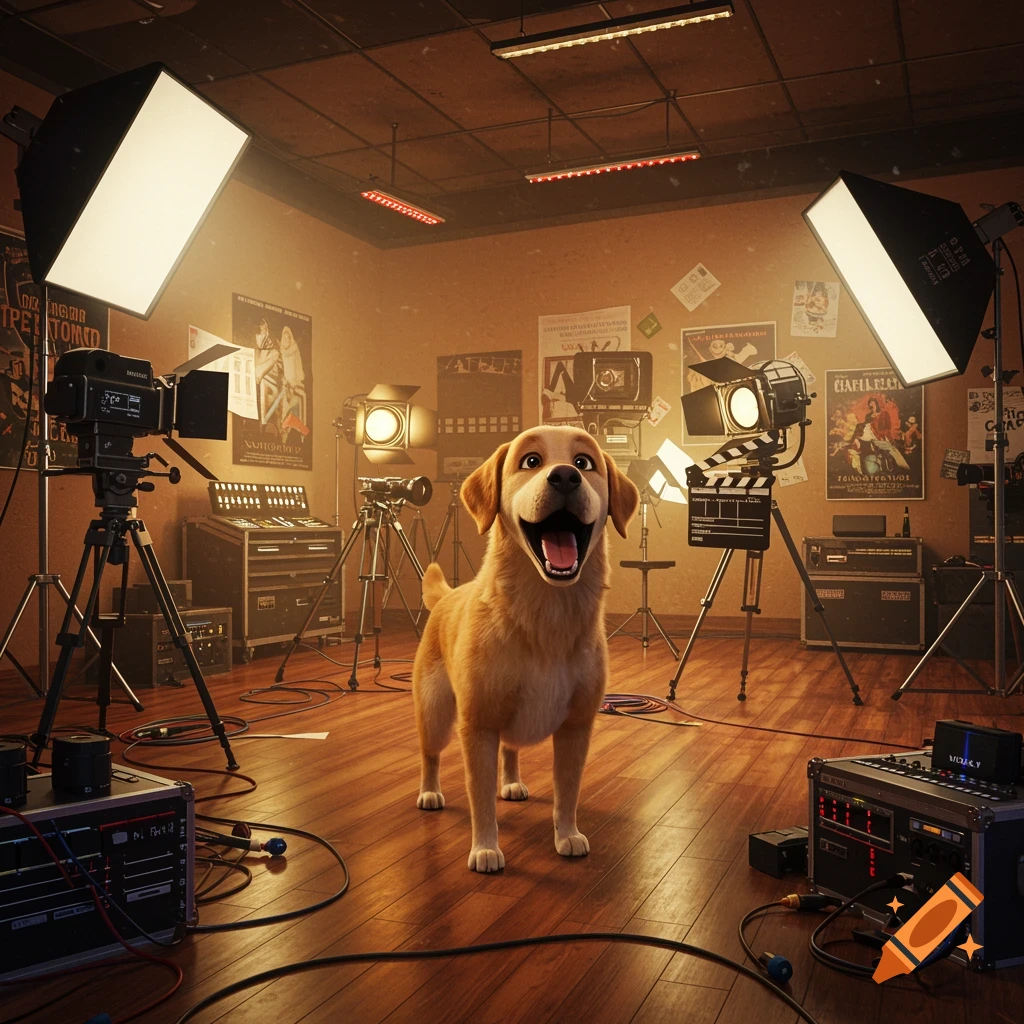 A happy golden retriever stands in a photorealistic film production studio with cameras, lights, and equipment.