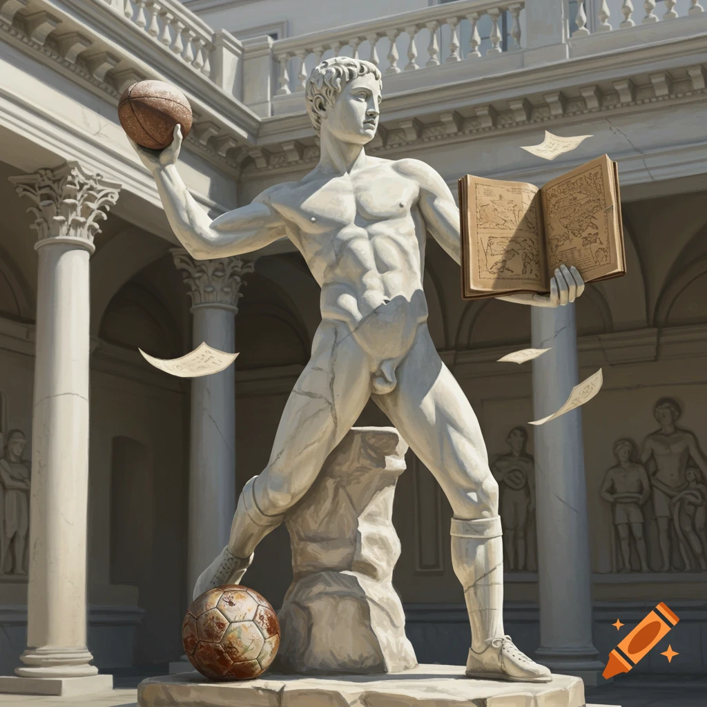 A white marble statue of a muscular man holding a basketball and an open book, with a soccer ball at his feet, in a classical courtyard.