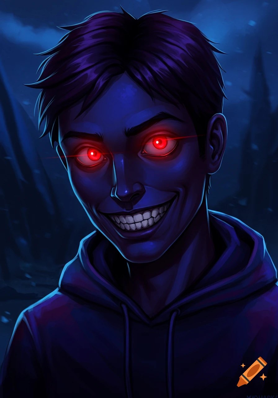 A dark, ominous character with glowing red eyes and a wide, creepy smile, depicted in a digital painting.