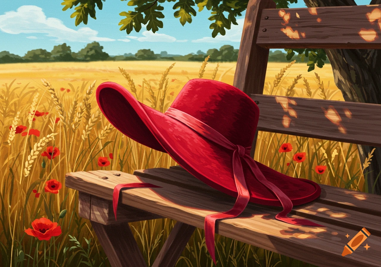 A vibrant red hat rests on a wooden bench in a sunlit golden wheat field with red poppies, painted in a pastoral style.