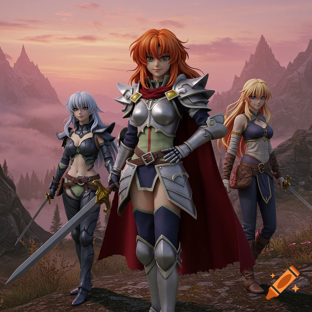 Three anime-style female fantasy warriors in armor with swords stand on a rocky mountain path at sunset.