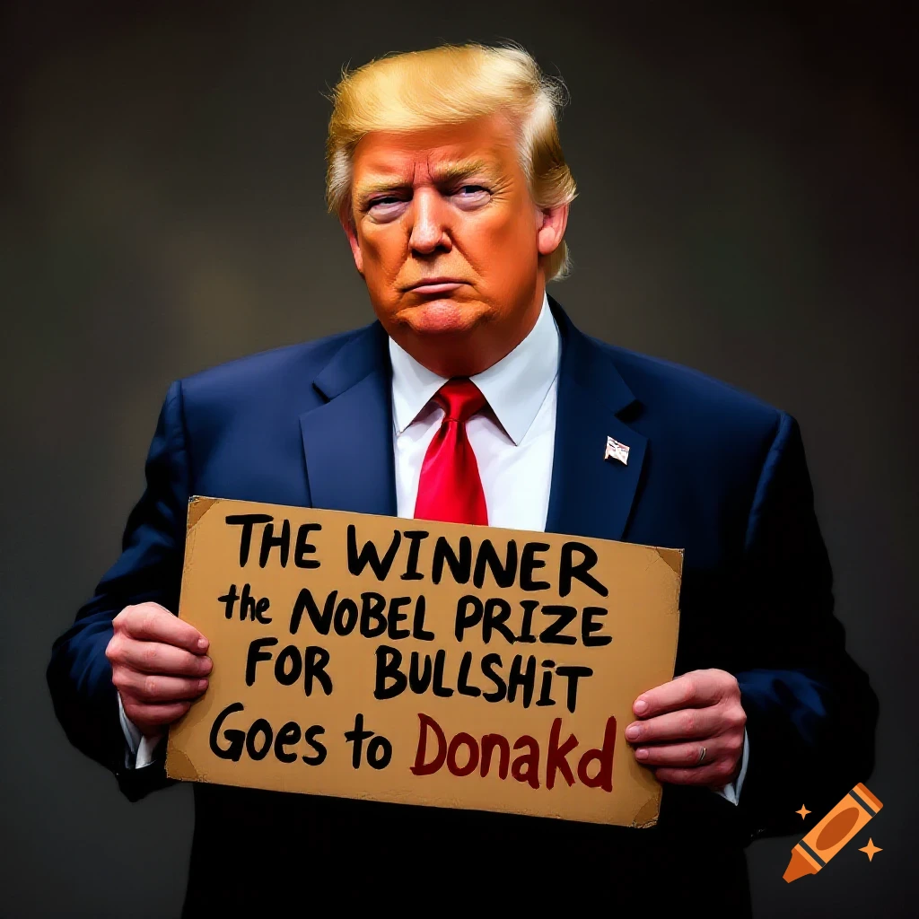 A man resembling Donald Trump holds a cardboard sign that reads, "THE WINNER the NOBEL PRIZE FOR BULLSHIT Goes to Donakd."