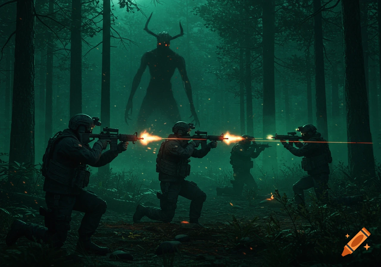 Special forces soldiers with night vision goggles fire rifles with muzzle flashes and red lasers at a tall, horned, shadowy monster in a dark, misty forest.