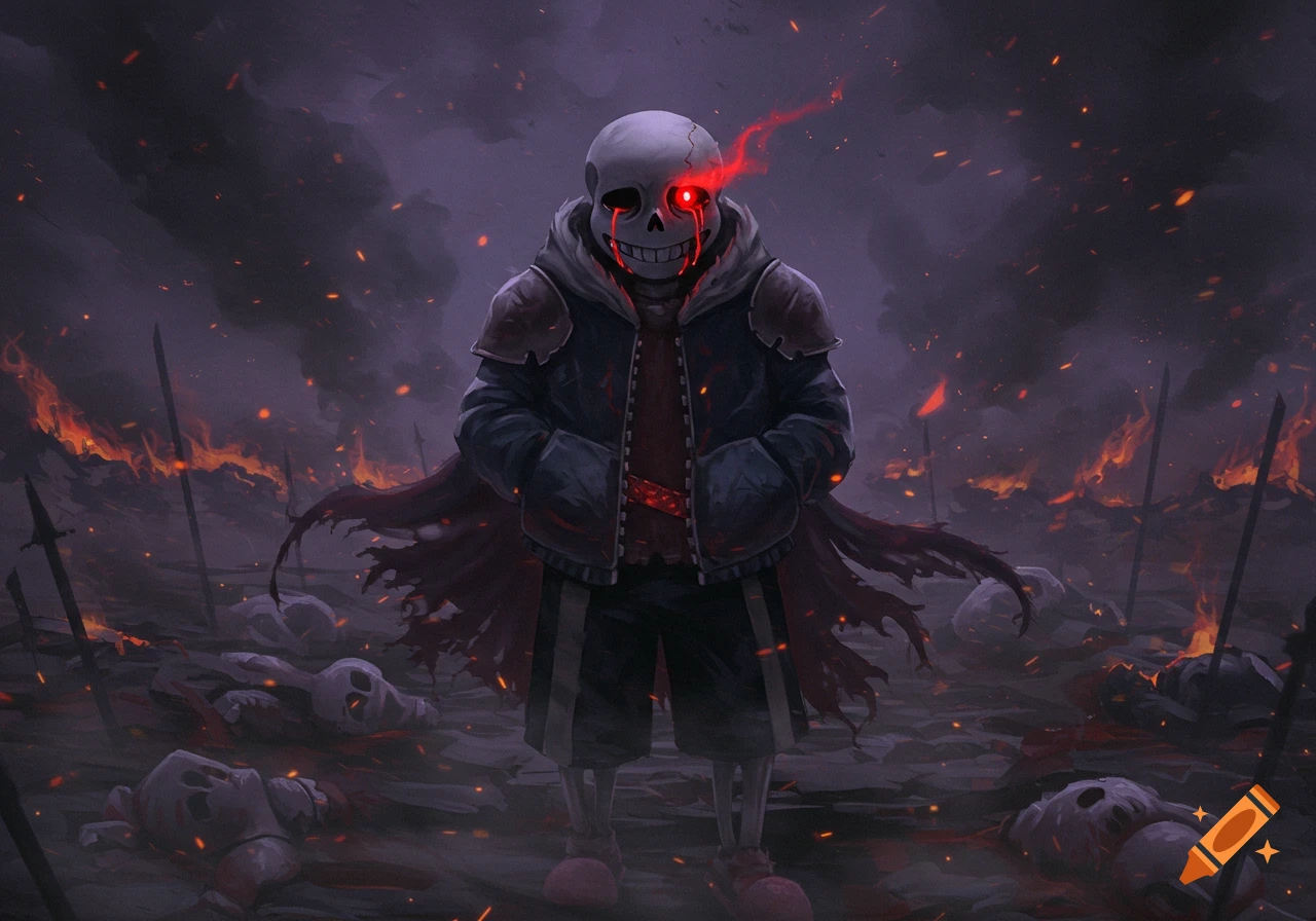 A skeleton character with a glowing red eye and sinister smile stands in a fiery, skull-littered battlefield.
