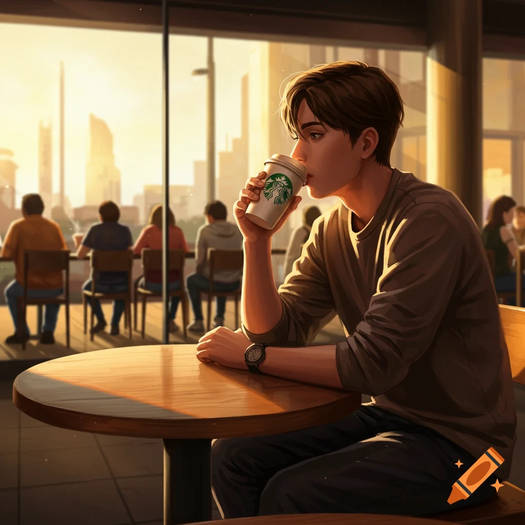 An anime-style illustration of a person drinking from a Starbucks cup in a sunlit cafe with a city view.