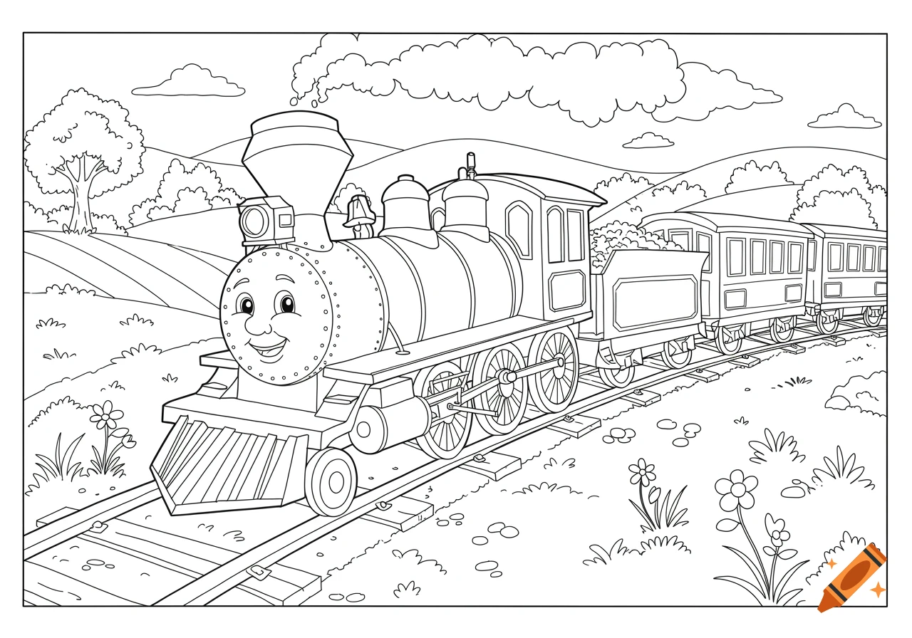 Black and white coloring page of a smiling cartoon train on tracks in a landscape.
