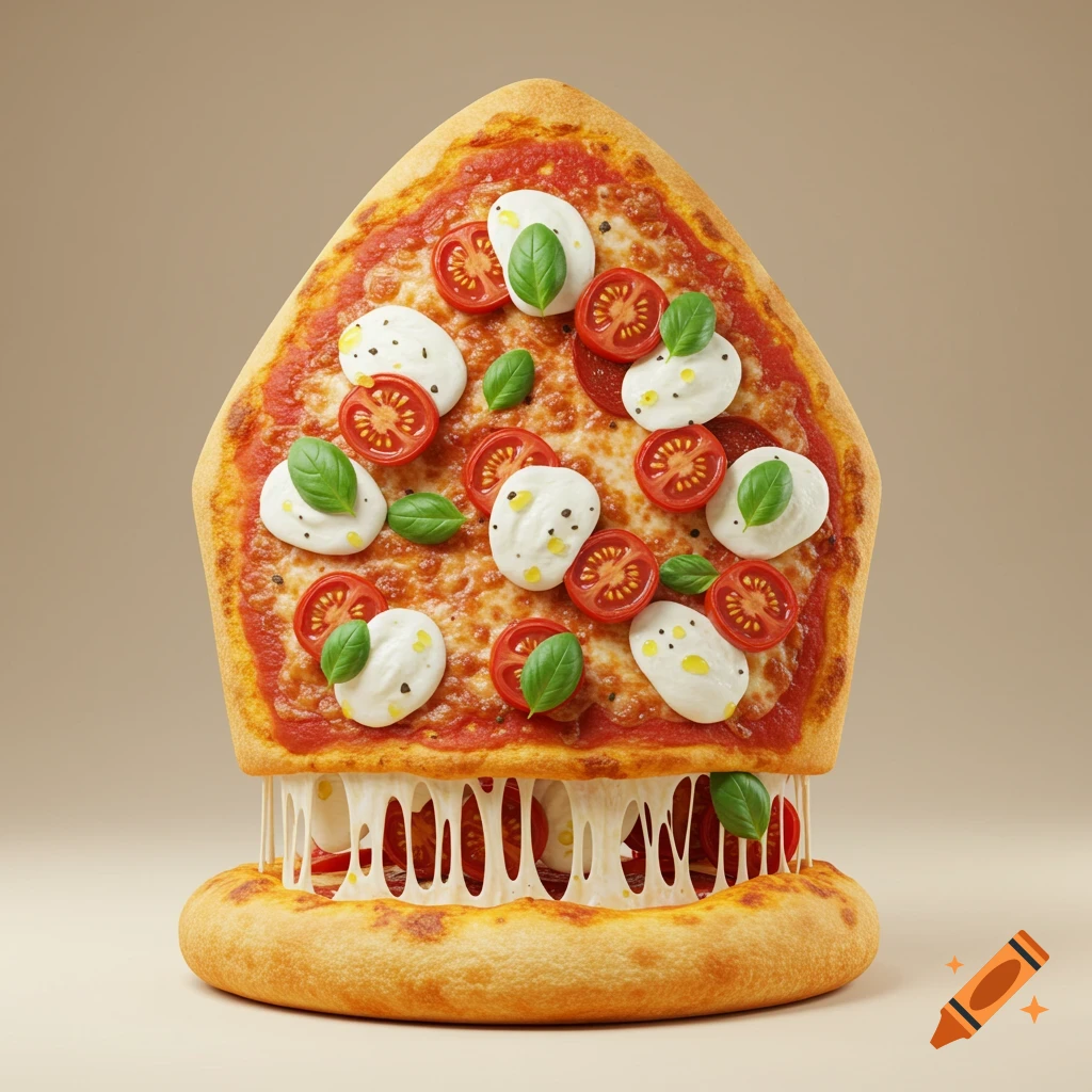 Photorealistic pizza shaped like a pope hat with melted cheese, tomatoes, and basil.