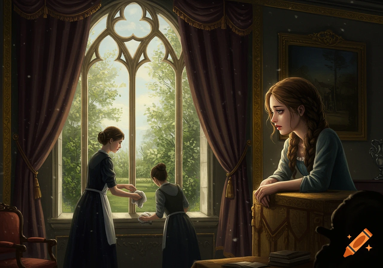 A sad princess watches from a grand room as two maidservants clean a large gothic window, illustration.