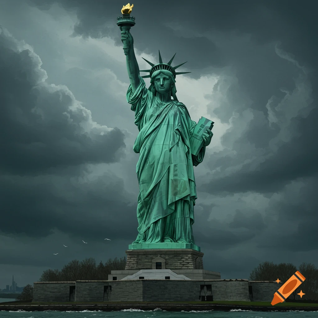 A photorealistic depiction of the Statue of Liberty on Liberty Island under a dark, stormy sky, holding her torch aloft and a tablet in her other hand.