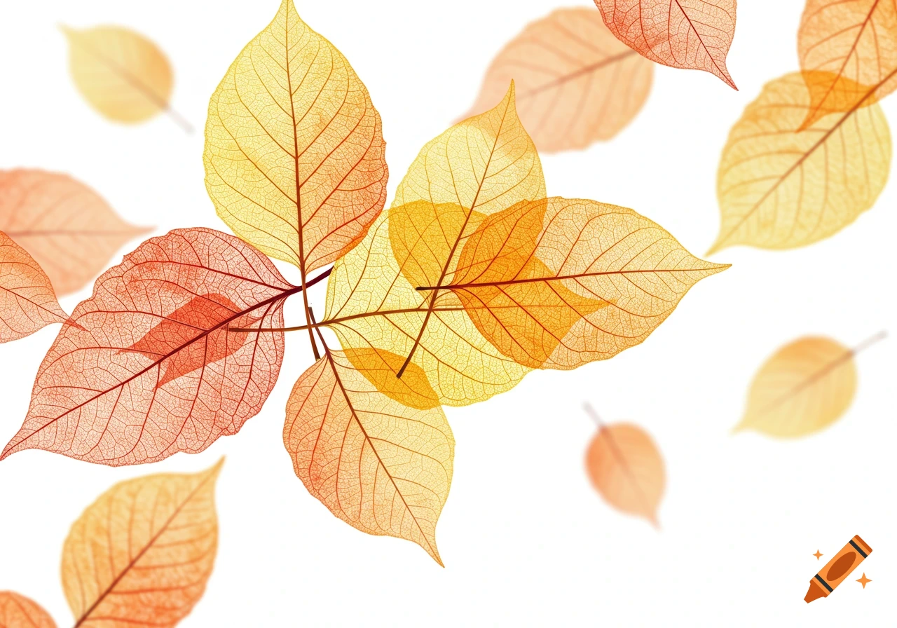 Close-up of translucent autumn leaves in shades of orange and yellow, with detailed veins, on a white background.
