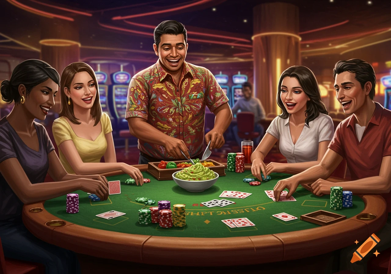 An illustration depicts five people gathered around a green casino table. One man, wearing a colorful shirt, prepares guacamole while others play cards. Chips and cards are spread on the table. They are all smiling.