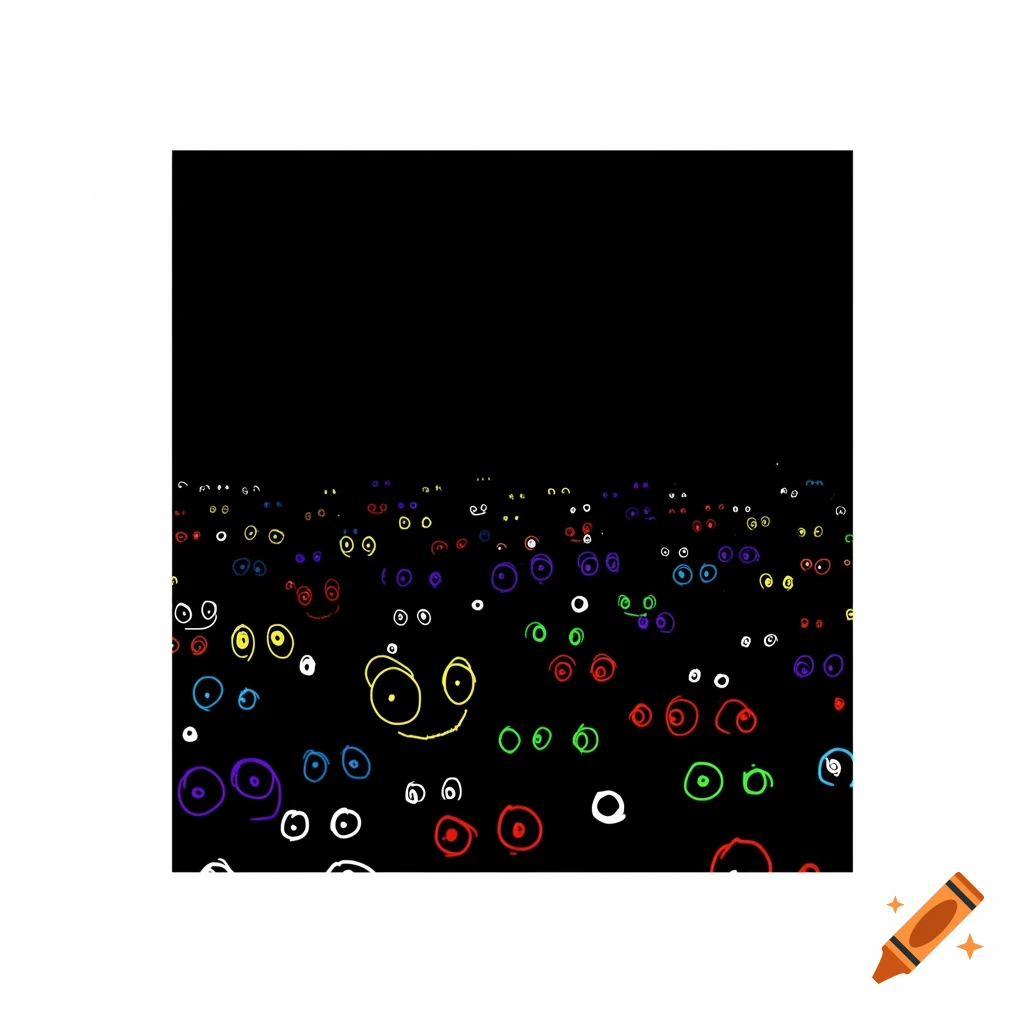 Numerous colorful, cartoonish eyes with some smiles, drawn in crayon style on a black background.