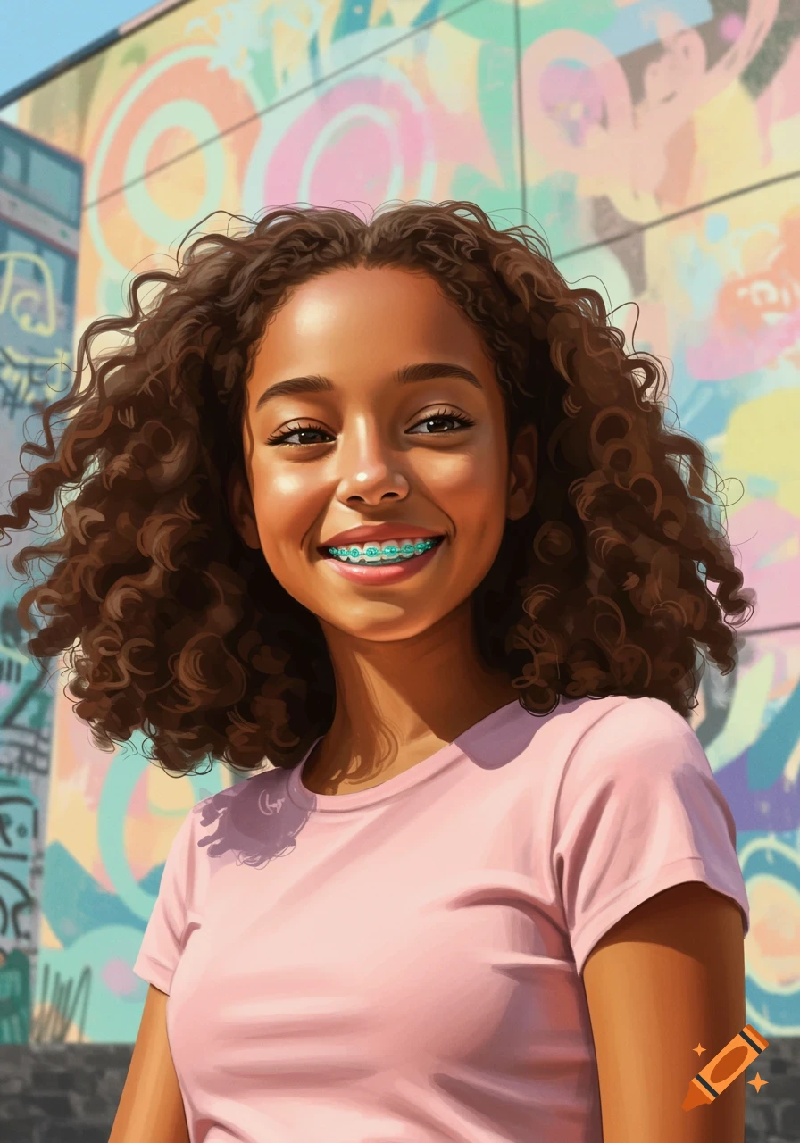 A smiling mixed-race girl with curly hair and turquoise braces, standing before a colorful graffiti wall.