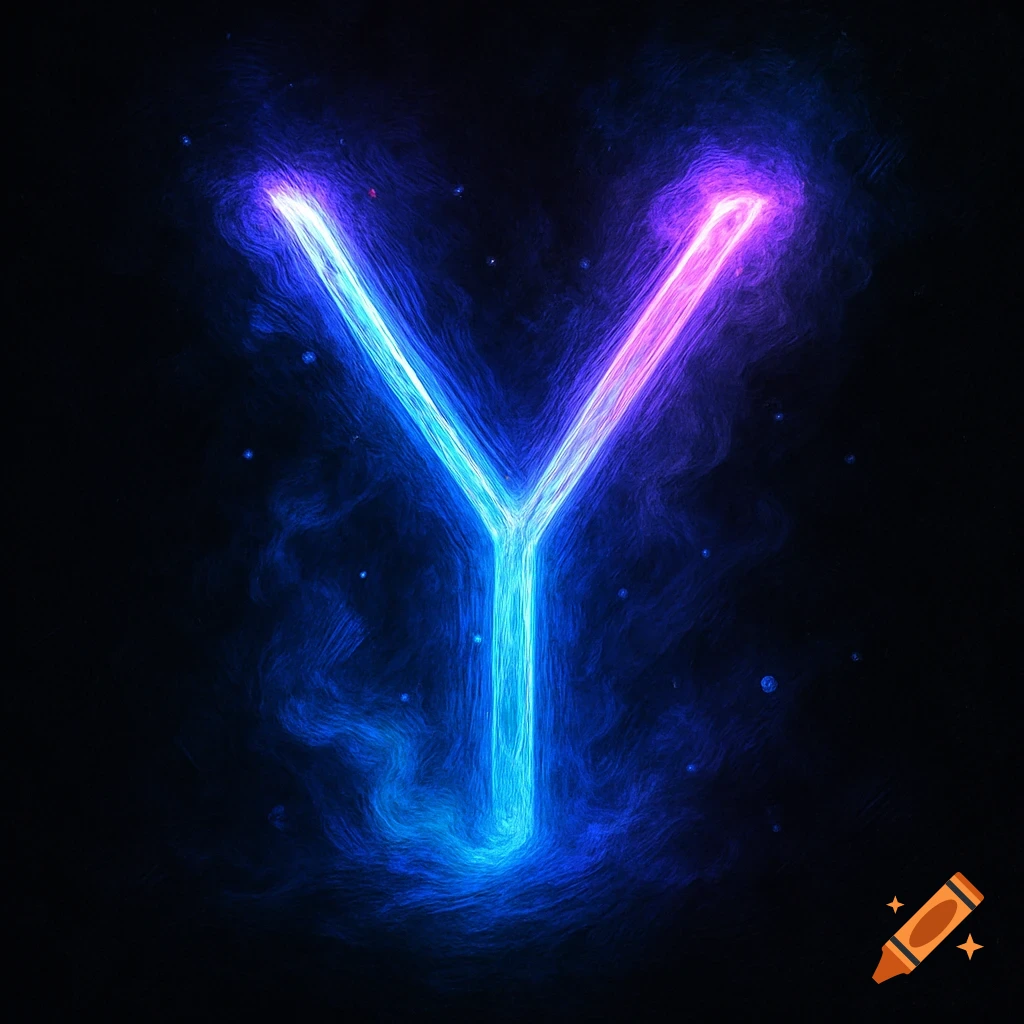 A glowing neon letter Y in shades of blue and pink on a dark background, created with a light pen effect.