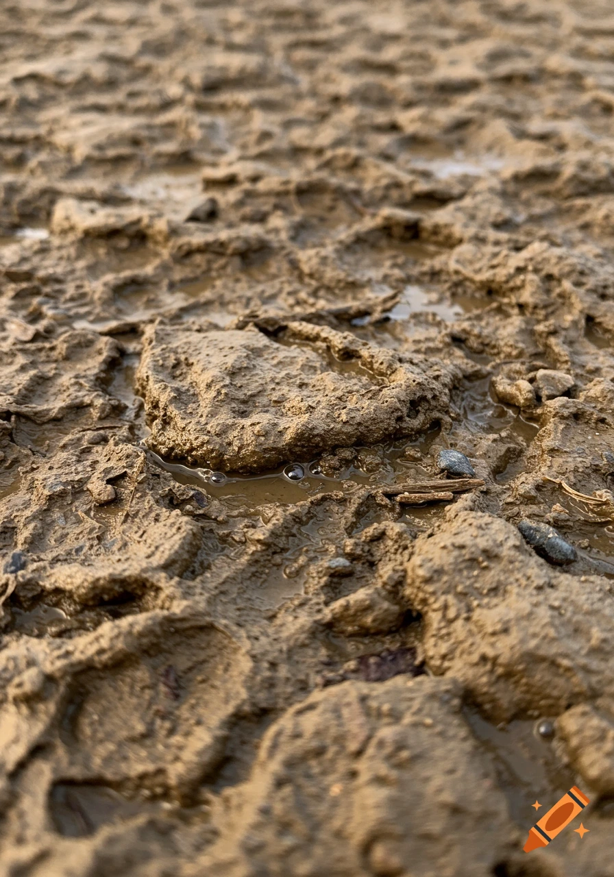 A close-up, low-angle view of textured muddy ground with small puddles and debris.