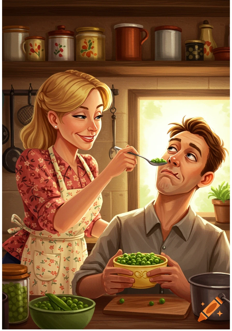 A woman in an apron smiles while spoon-feeding peas to a man with a reluctant expression in a warm kitchen setting.