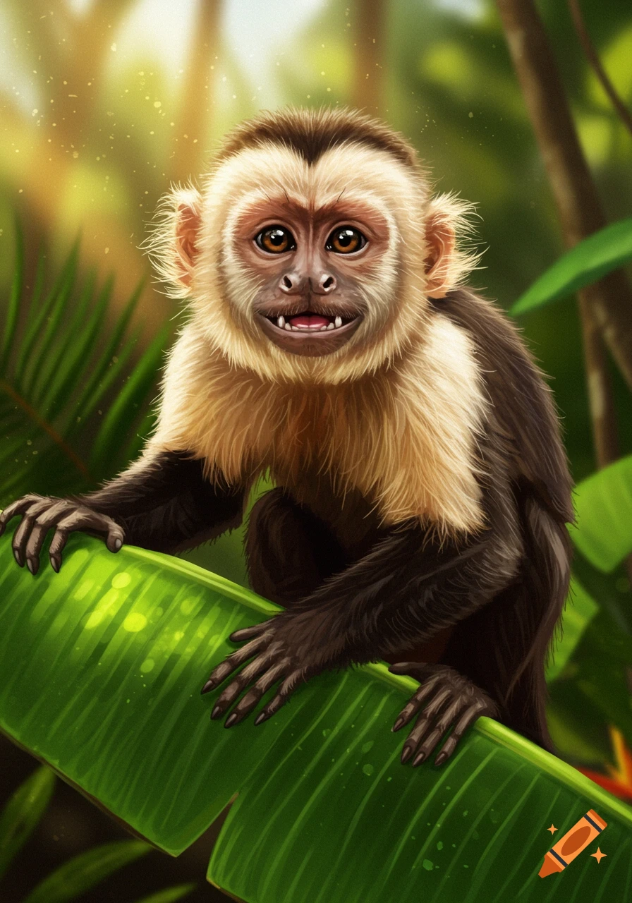 A cartoon-style capuchin monkey with white fur on its face and chest sits on a large green leaf in a vibrant jungle.