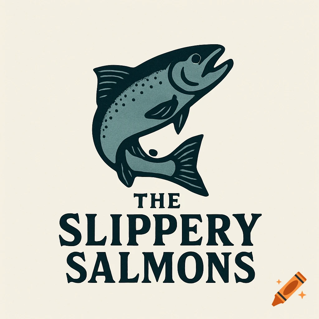 A stylized logo of a jumping salmon in blue and green, above the words "THE SLIPPERY SALMONS" on a light background.
