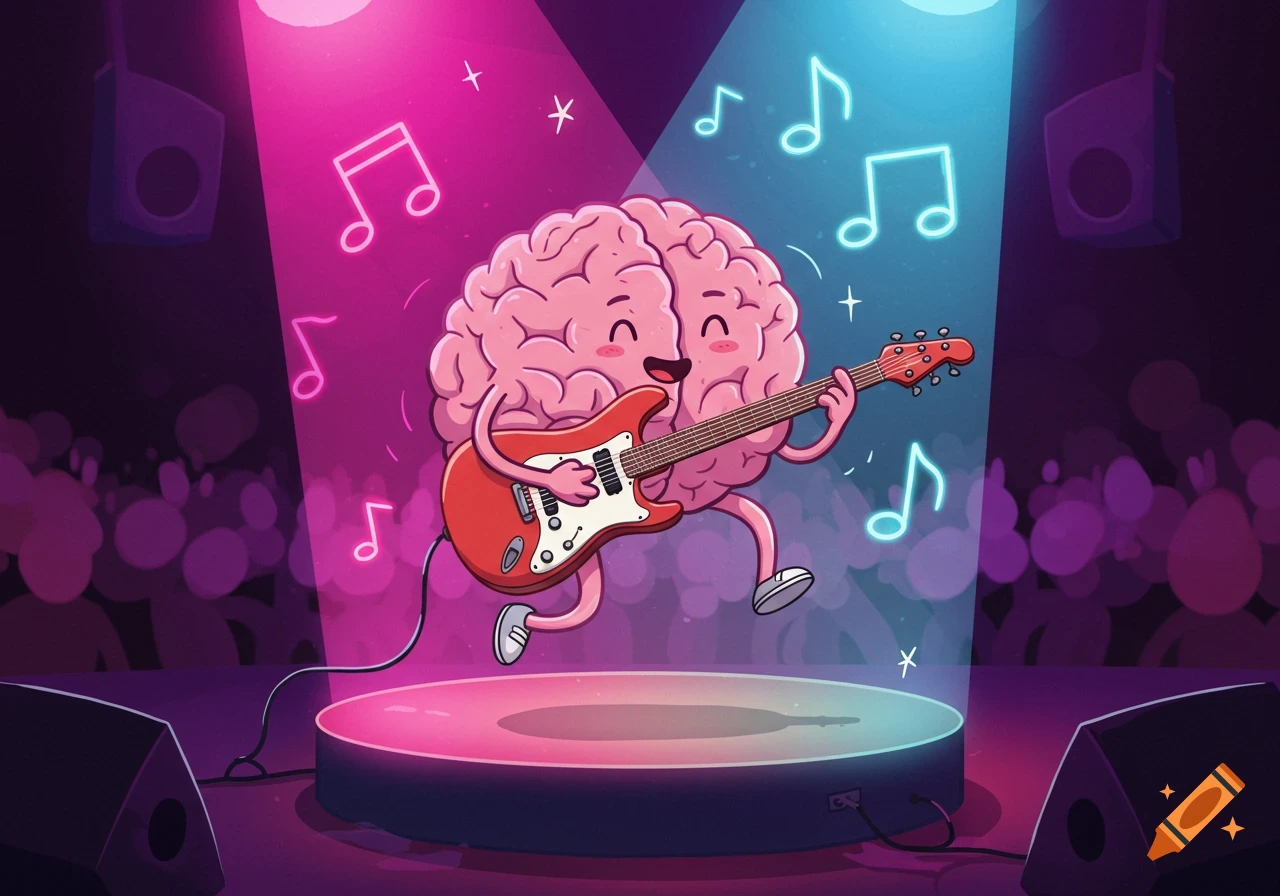 A happy cartoon brain plays a red electric guitar on a stage under pink and blue spotlights, surrounded by floating musical notes.