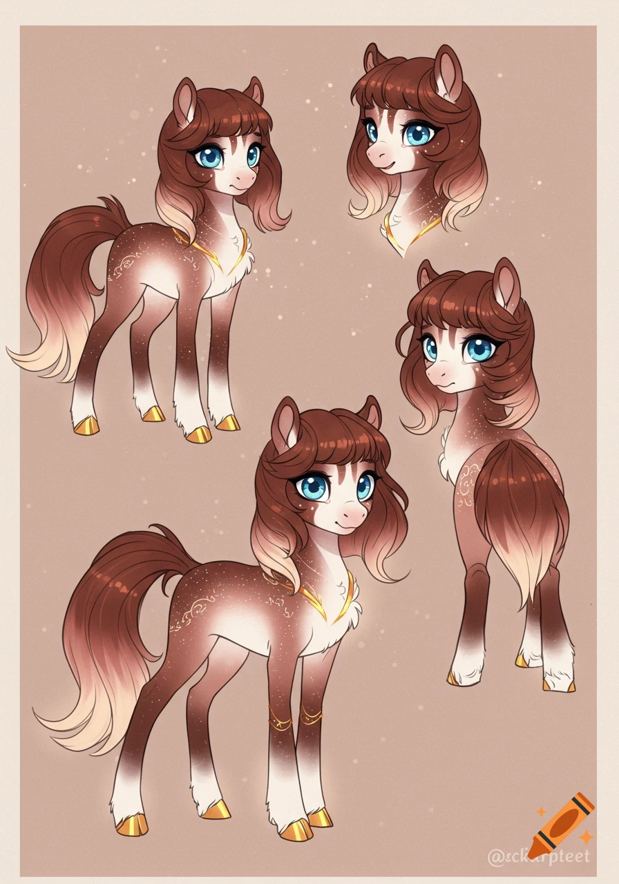 Character design sheet of a brown and white fantasy pony with blue eyes and long brown hair, featuring multiple full-body and headshot views.