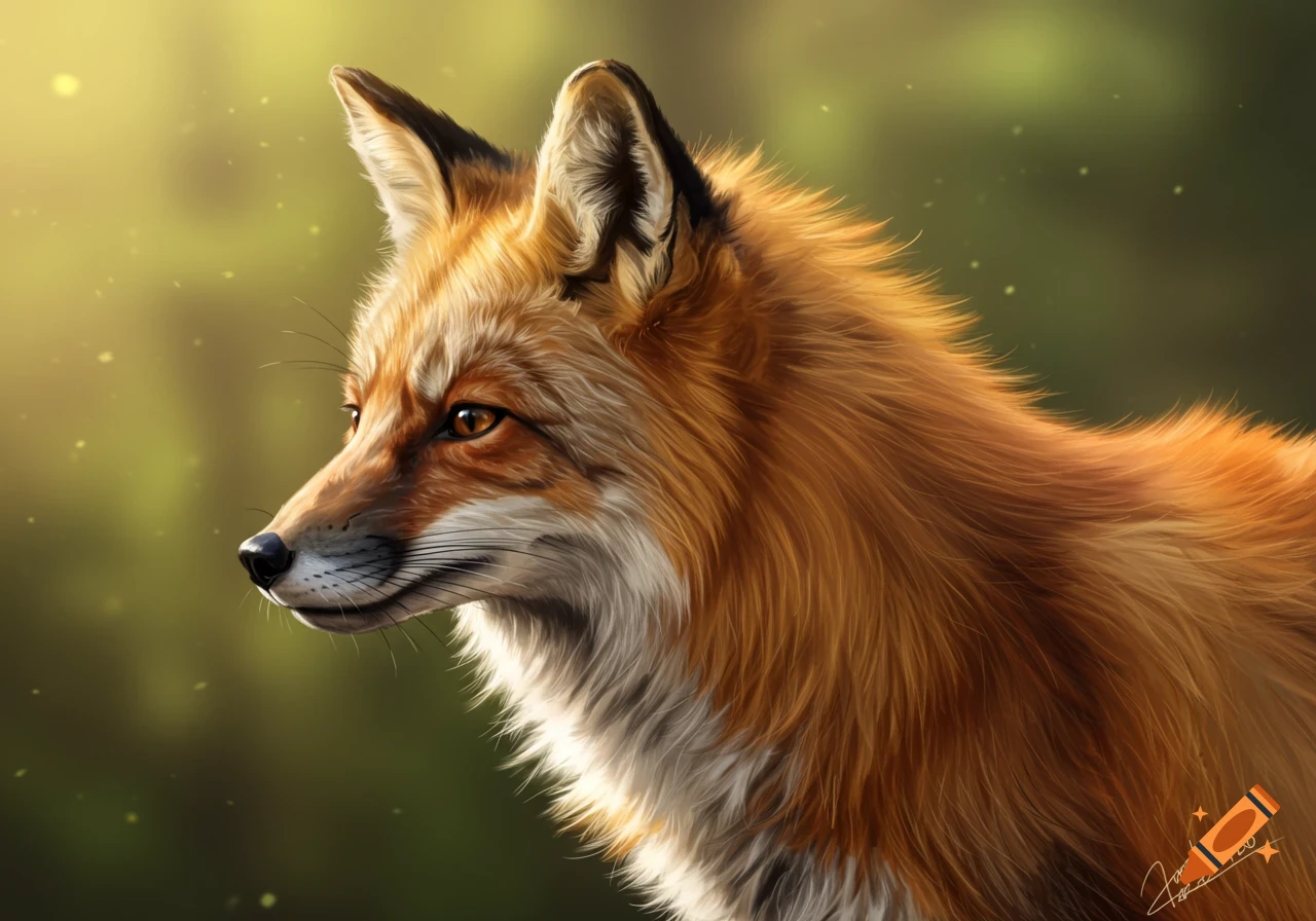 A close-up, photorealistic digital painting of a red fox's head and upper body, looking left with warm sunlight on its fur.