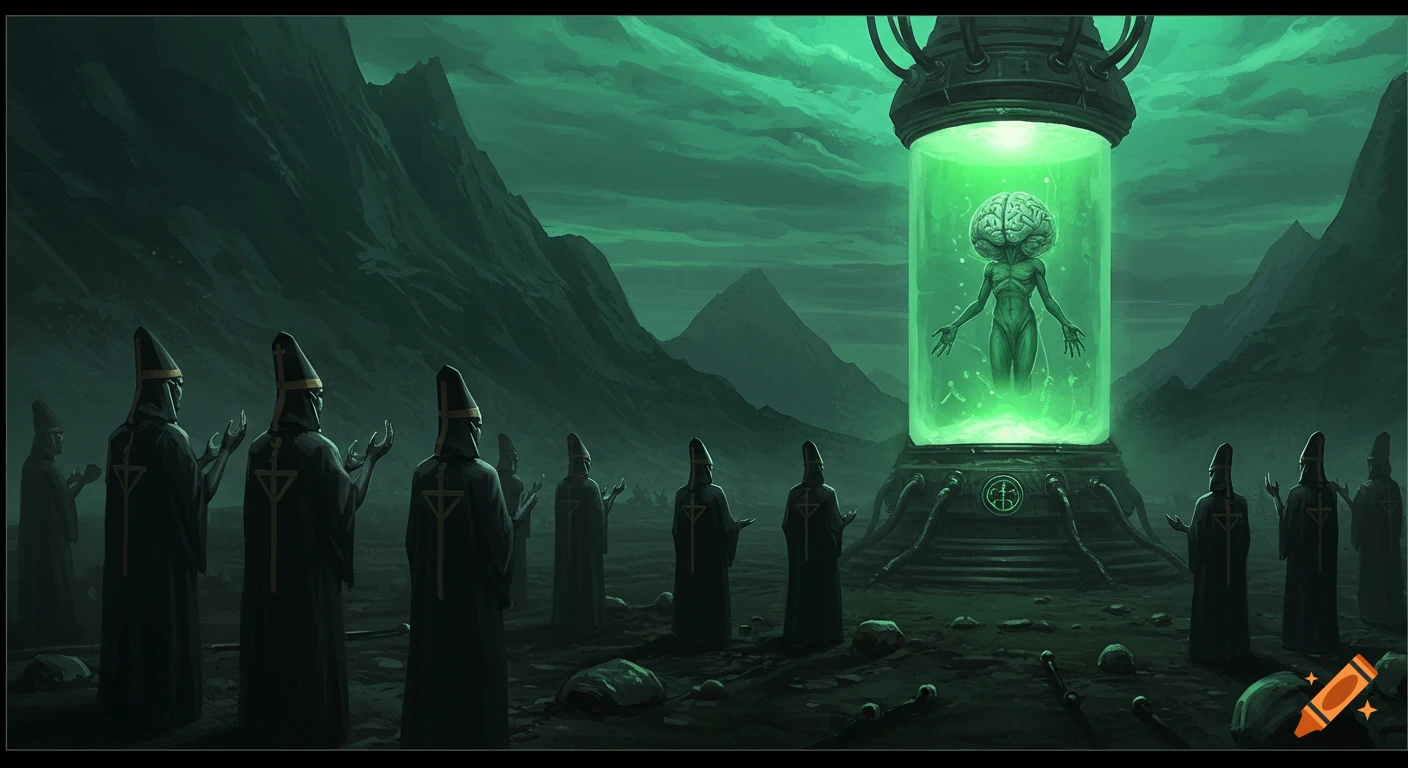 A dark science fiction scene depicts robed figures worshiping a glowing green tank containing a large-brained alien creature amidst a desolate mountain landscape.