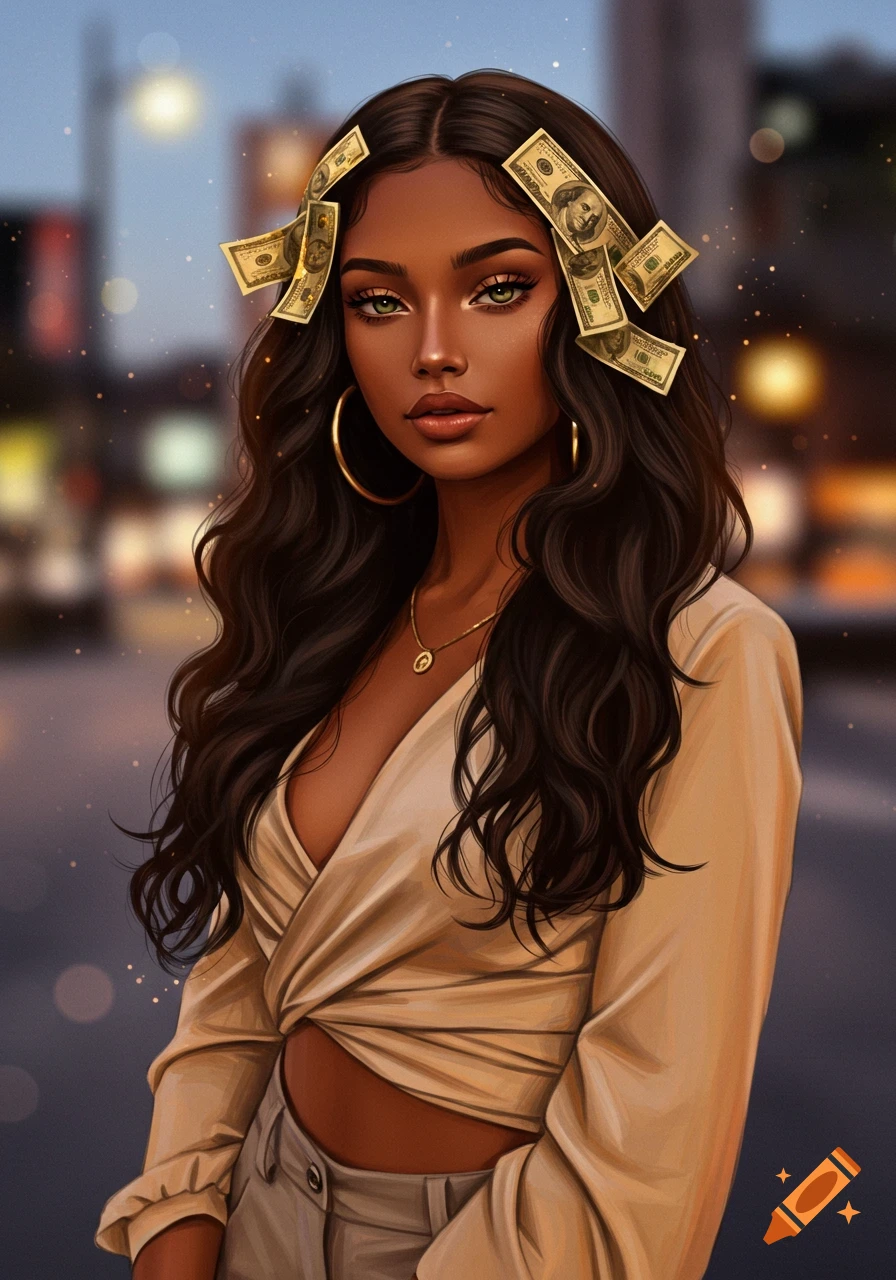 A stylized digital art portrait of a tan brunette woman with money bills woven into her long, dark wavy hair.