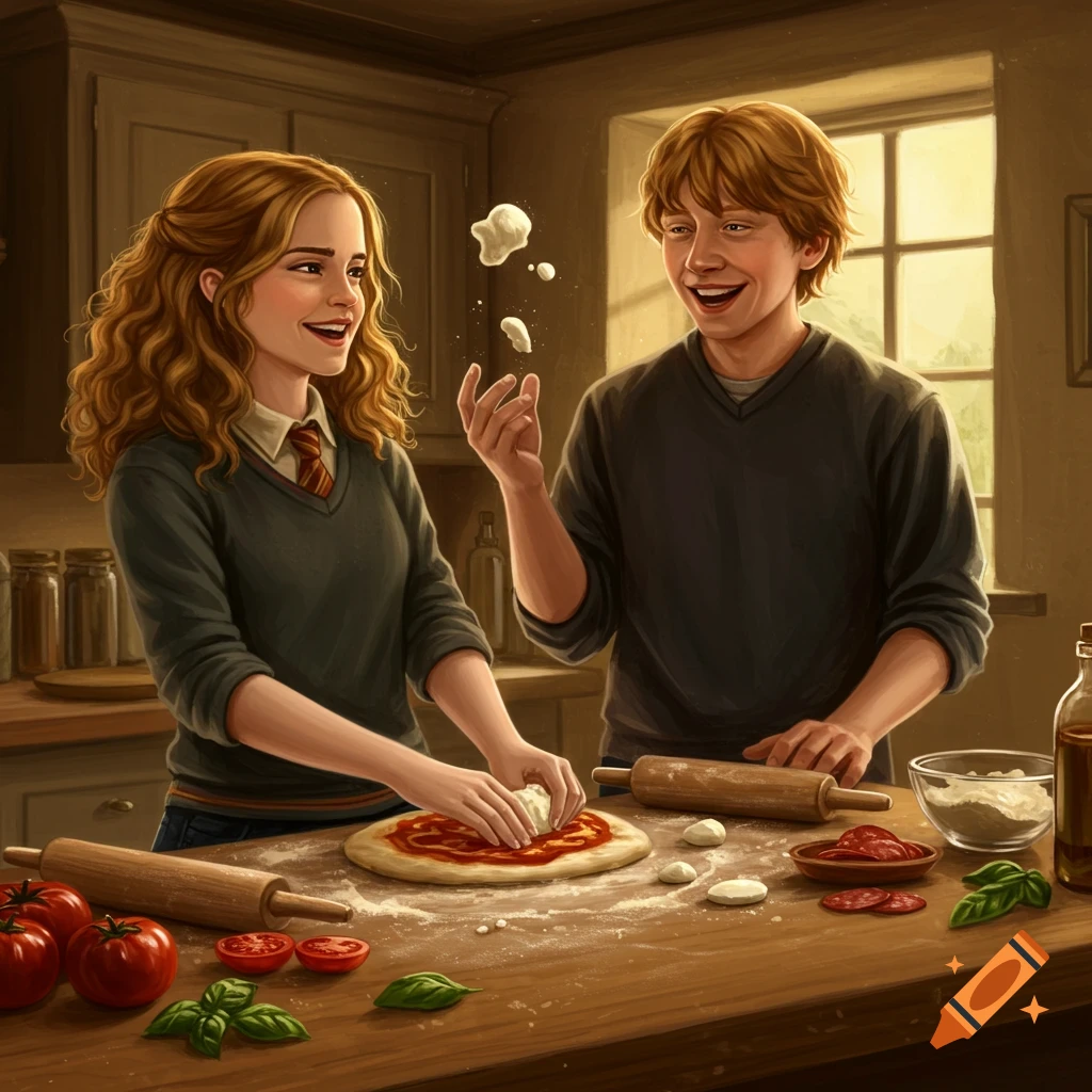 Digital painting of Hermione and Ron making pizza in a rustic kitchen, Hermione kneading dough while Ron smiles with floating ingredients.