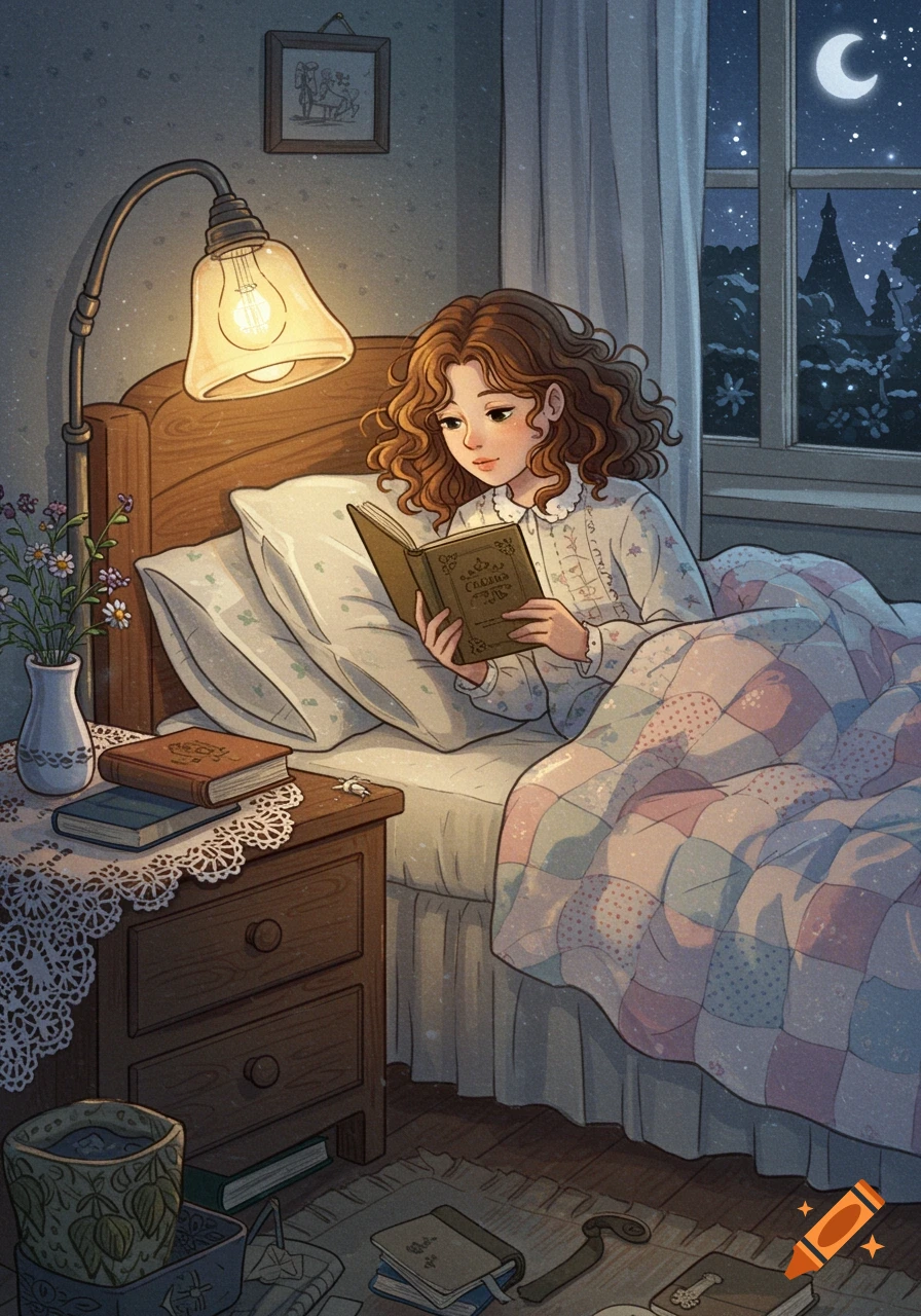 Illustration of a girl with curly brown hair reading a book in her cozy bed at night, illuminated by a bedside lamp, with a crescent moon visible outside her window.