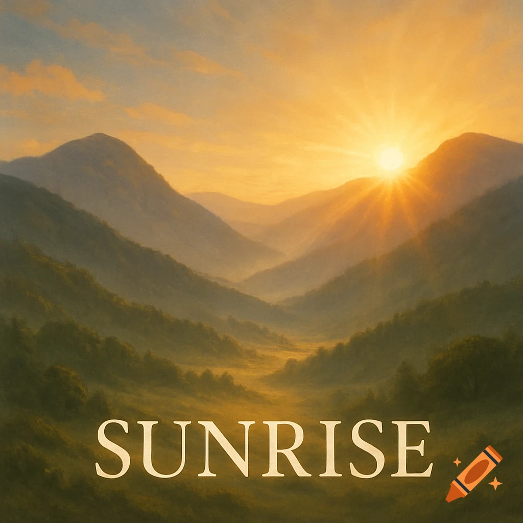 A serene mountain valley landscape at sunrise, with golden light illuminating the misty scene and the word 'SUNRISE' at the bottom.
