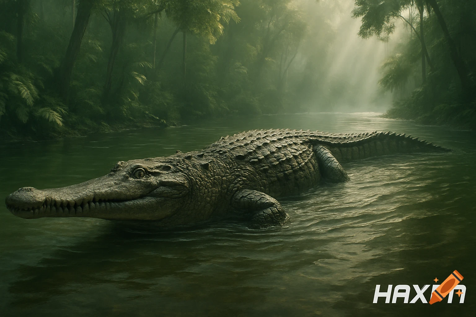 A massive, realistic Sarcosuchus, a prehistoric crocodile, is partially submerged in murky river water in a dense, misty jungle.