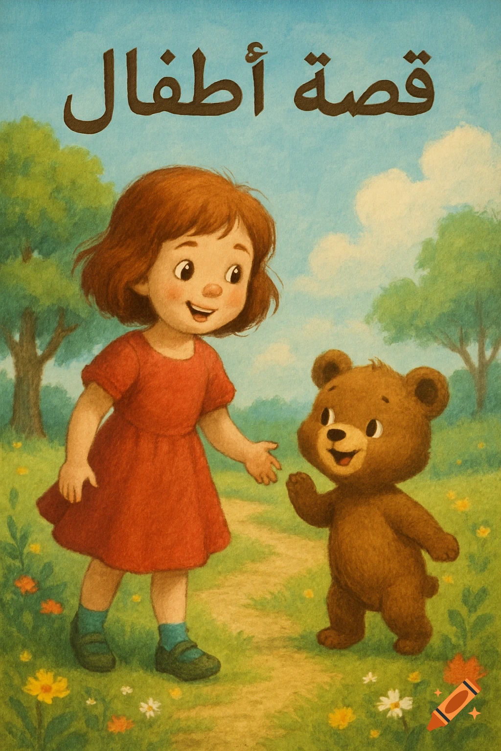 A smiling cartoon girl in a red dress reaches out to a happy teddy bear on a grassy path under a blue sky, in a children's book illustration style with Arabic text.