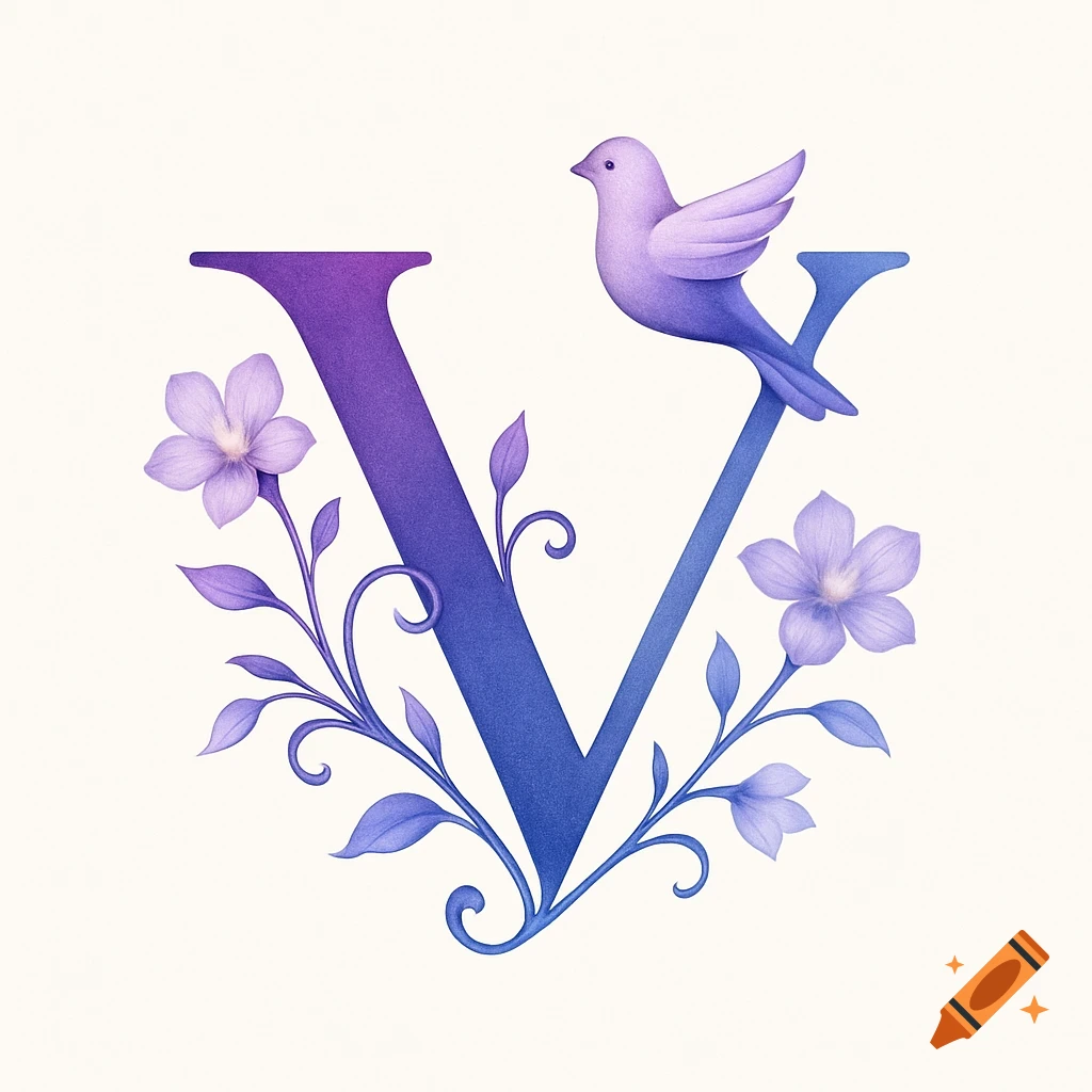 A whimsical purple and blue gradient letter V adorned with purple flowers, curving vines, and a lavender bird perched on top.