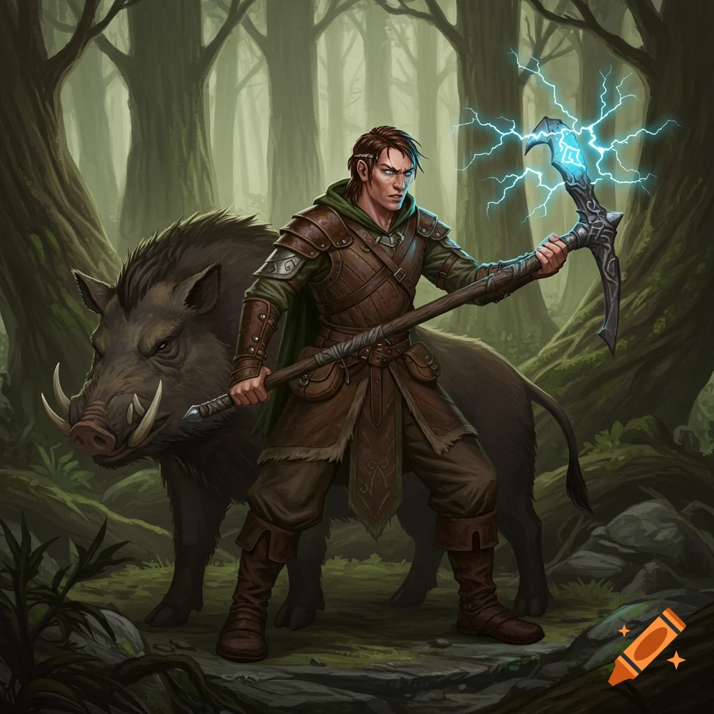 A human ranger in brown and green armor stands in a forest with a boar, holding an electrified pickaxe.