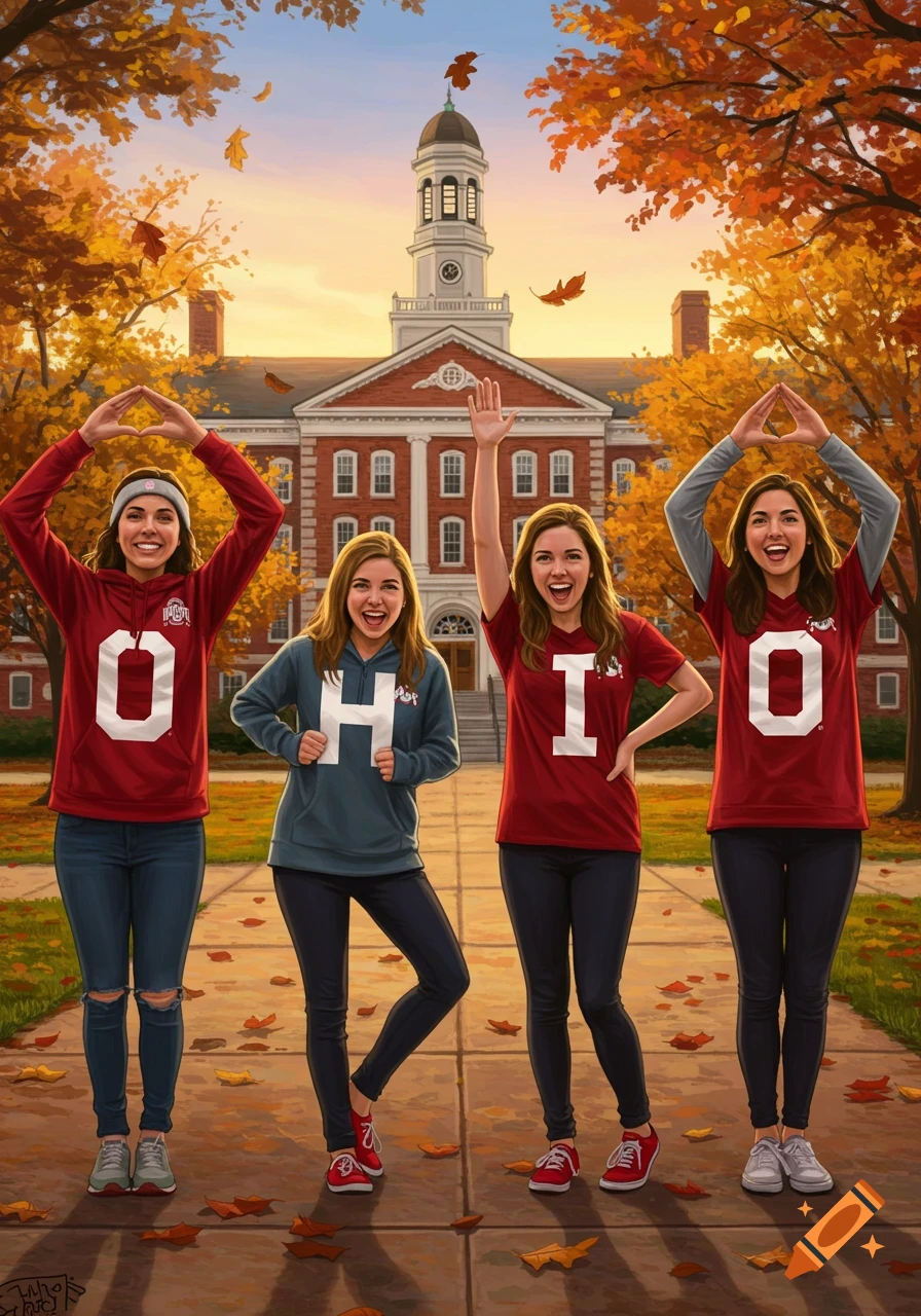 Four young women in red and gray Ohio State apparel pose in front of a university building with autumn trees, spelling OHIO with their bodies and shirts.