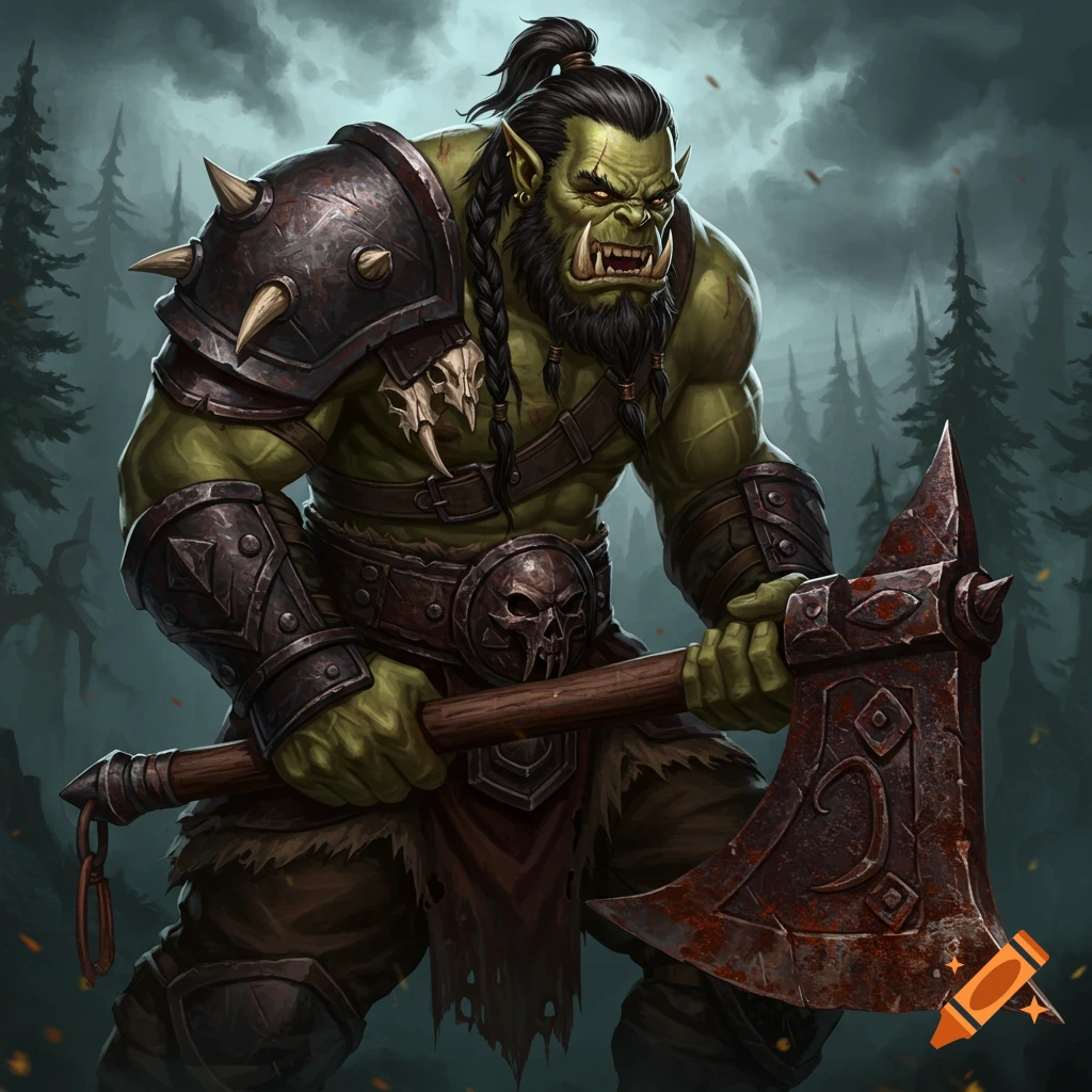 A muscular green orc character with a beard, dreadlocks, and spiky armor holds a large, rusty axe in a dark forest.