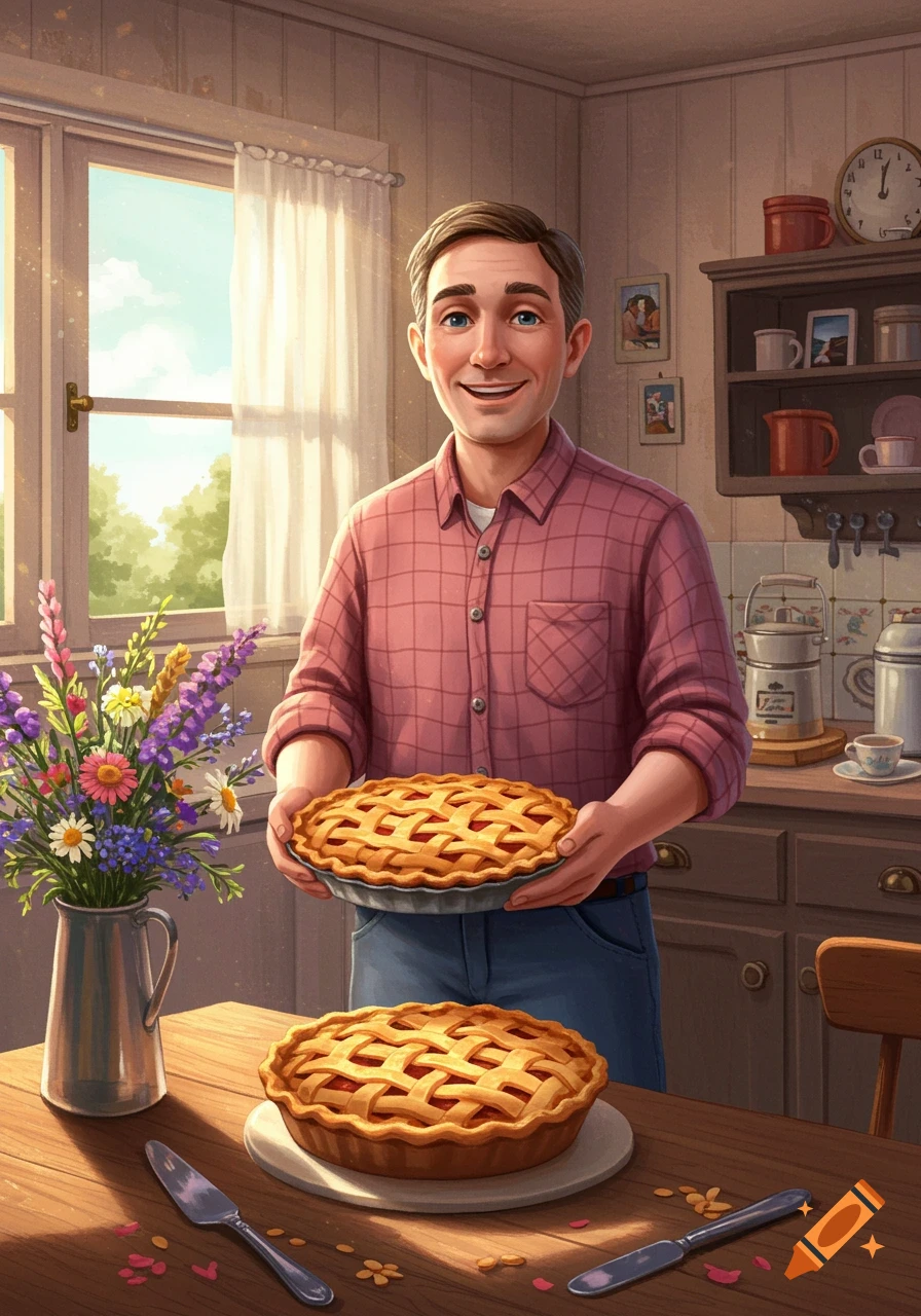 A smiling man in a pink plaid shirt holds a freshly baked pie in a sunlit kitchen, with another pie on the table.