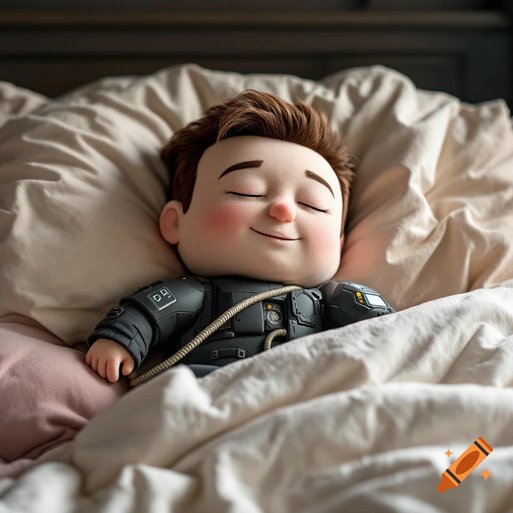 A cute cartoon character with rosy cheeks and closed eyes, in a dark suit with tubes, sleeps peacefully in bed.