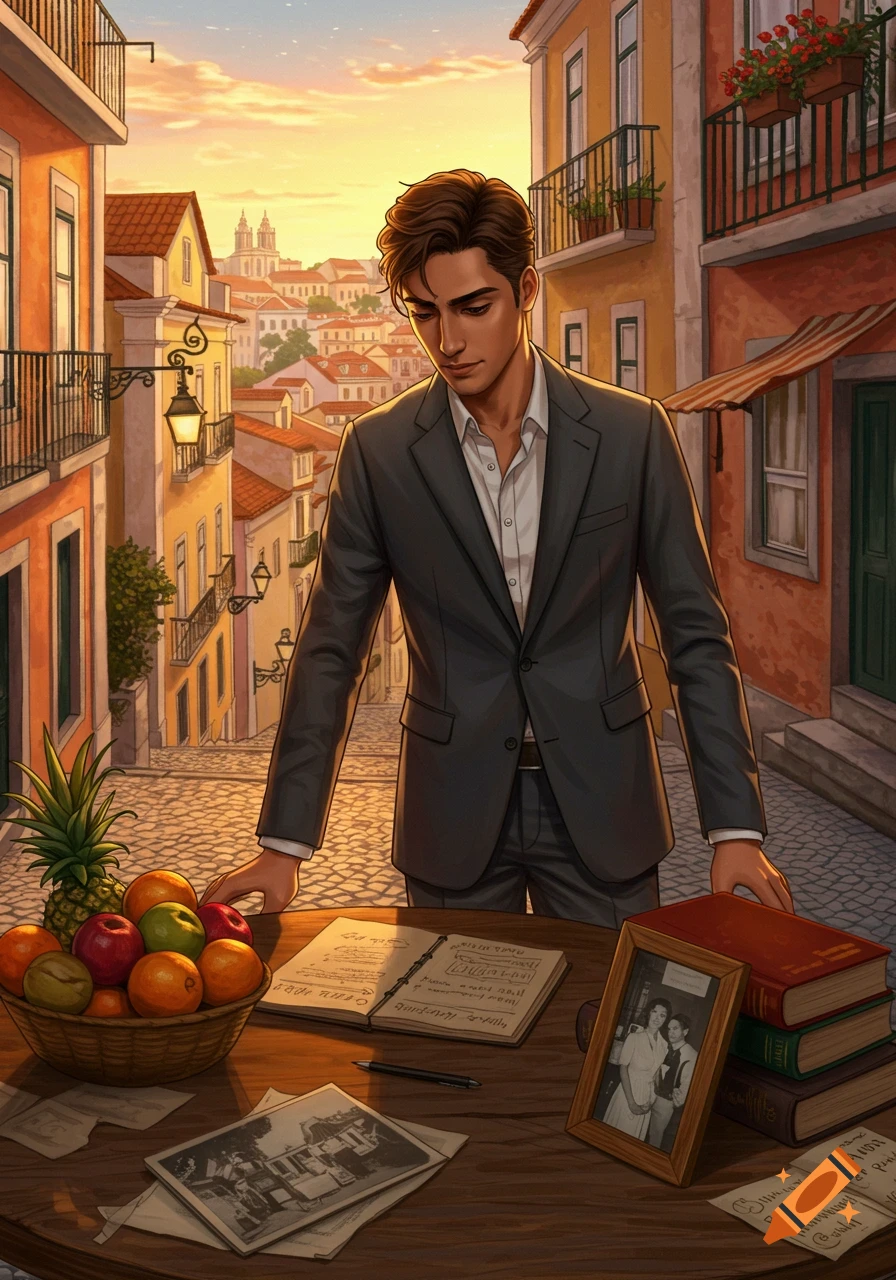 A man in a dark suit stands over a wooden table laden with a basket of fruit, books, an open notebook with illegible writing, and old photographs. The setting is a sunlit, colorful Lisbon street with buildings and a distant cityscape.