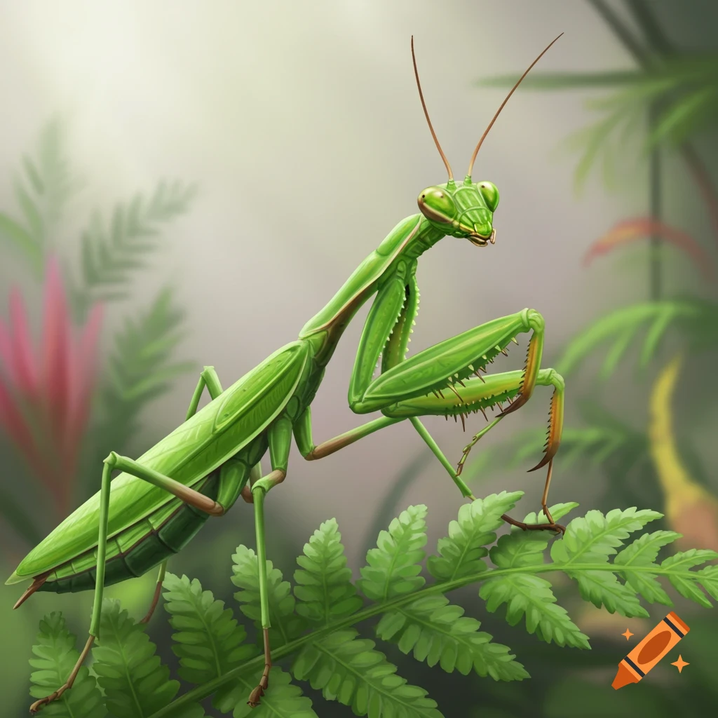 A vibrant green praying mantis perches on a fern leaf amidst a lush, soft-focus natural background.